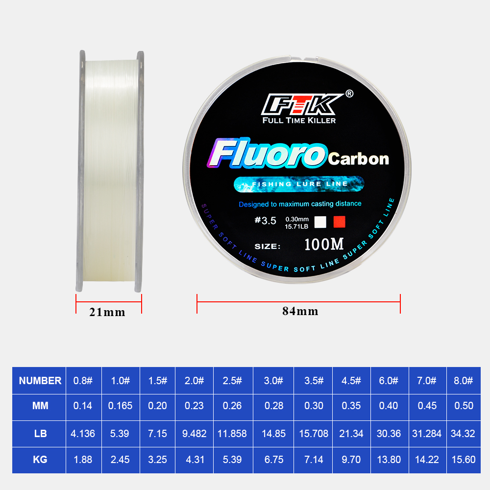 FTK 100m 4.13-34.32LB Fluoroca - Ice Fishing Line avis et prix